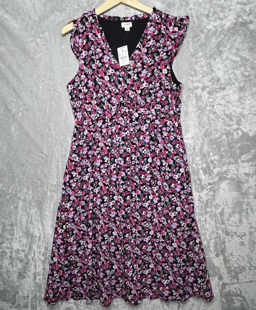 J.Crew Dress Womens 10 Black Pink Floral Midi V Neck Fit & Flare Ruffle Sleeve